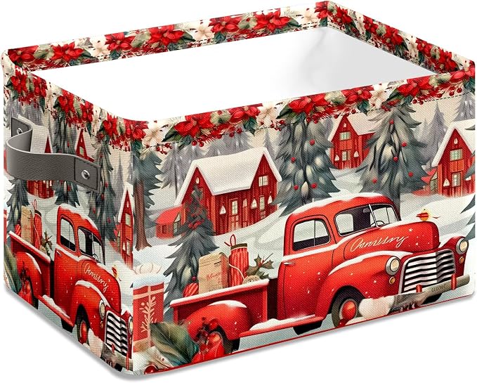 Red Christmas Truck Basket, Foldable Fabric Storage Bin, 14 x 10 x 8, 20L - Image 3