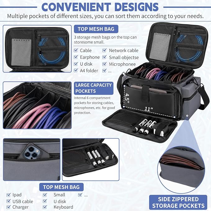 AKOZLIN Cable File Bag with Detachable Dividers for DJ Gear, Sound Instrument Accessories - Image 4