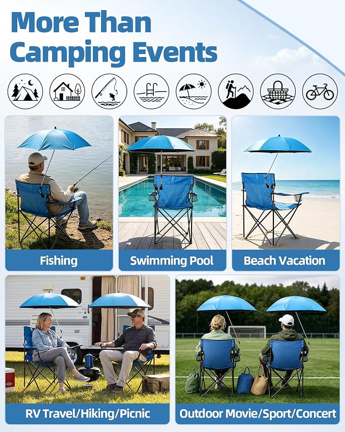 HaSteeL 2PCS Camping Chairs with Detachable Umbrella, Folding Beach Chair for Adults, Large Portable Foldable Chair for Outdoors Fishing Hiking Travel Picnic Lawn, Supports 275lbs, Storage Bags, Blue - Image 5