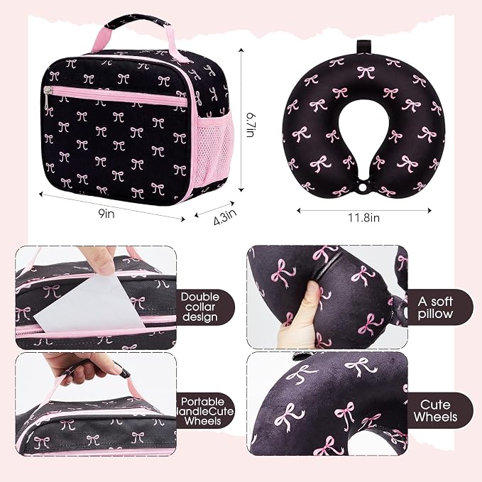 Redbaker 6 Pcs Kids Luggage Set, 17 Inch Rolling Suitcase with Backpack Lunch Bag Neck Pillow, Pink and Black Bow Travel Set for Summer Vacation Sleepover Back to School Gift - Image 5