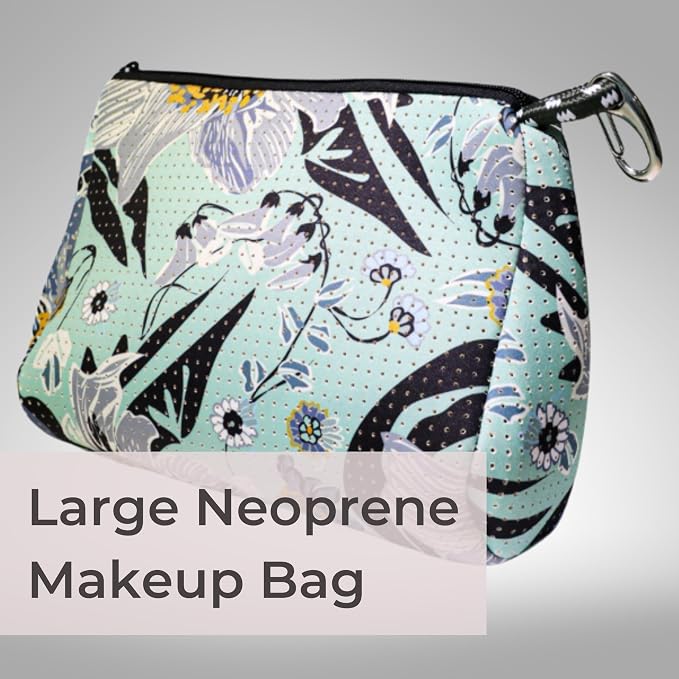 POPUPS Brand Large Makeup Bag with Zipper - Neoprene Machine Washable Travel Toiletry Cosmetic Organizer Pouch for Women (Print Blossom Mint) - Image 2