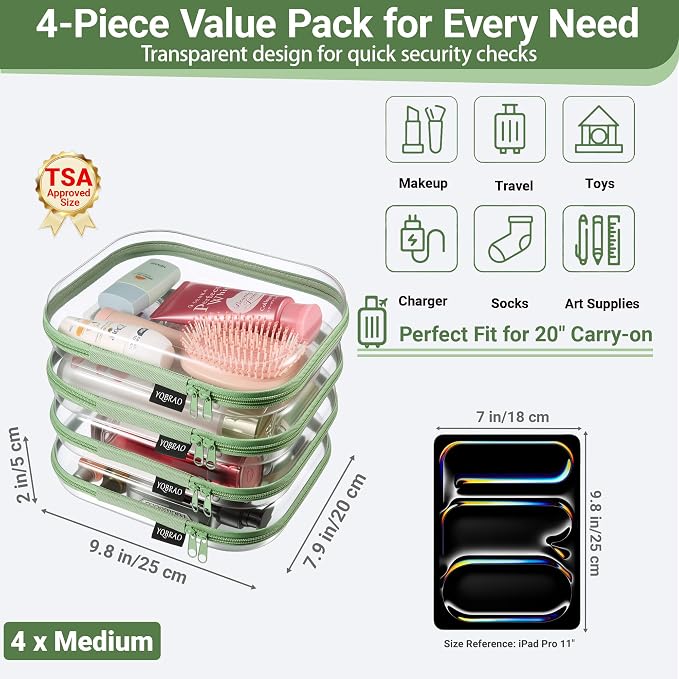YQBRAO 4-Pack Clear Diaper Bag Organizer Pouches, 1.2mm Ultra-Thick PET Travel Pouches for Toiletries & Makeup, Rigid Self-Standing Bags with YKK Zippers, TSA Approved (Green) - Image 4