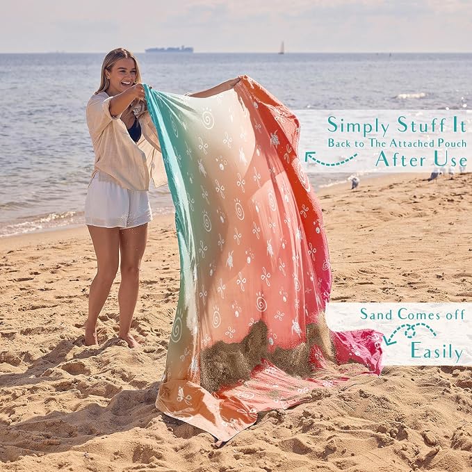 WEKAPO Beach Blanket Waterproof Sandproof Oversized Extra Large Sand Free Beach Mat with Stakes, Storage Bag - Essentials for Outdoor Beach, Picnic(Gradient Coral Sea Turtle, 8 X 7 FT (1~4 Person)) - Image 5