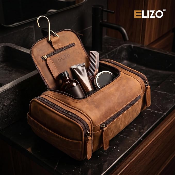 ELIZO Real Leather Toiletry Bag for Men - Large Hanging Travel Organizer for Toiletries, Ideal for Dopp Kit & Shaving Kit for Men, Essential Mens Travel Toiletry Bag for Toiletries (Saddle) - Image 6