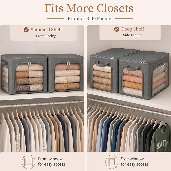 GoMaihe 3 Opening Clothes Storage Bins with Metal Frame, 40L Sweater Storage Organizer for Upper Shelf Closet Storage Boxes with Clear Window for Hoodies Jeans Towel 3-Pack Grey - Image 3