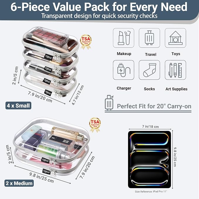 6 Pack Gray Clear Hard Shell Beauty Organizer (2M+4S), 1.2mm Heavy Duty Crush-Proof Cosmetic Case, Reinforced YKK Zippers, Stadium Approved Security Bag for Skincare & Electronics, Multi-Size Set - Image 4