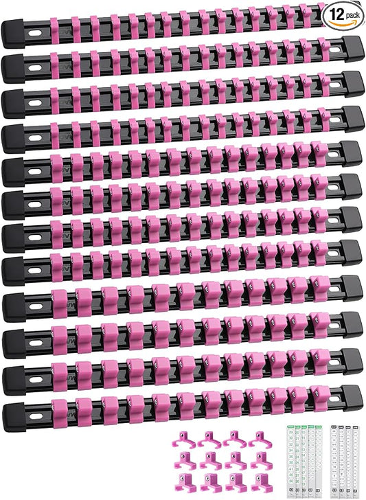 ALOANES 12PC Socket Organizer, Socket Rails Fit 1/2", 1/4" and 3/8" Drive | Heavy Duty ABS Socket Holders Hold up 172 Sockets for Mechanics Toolbox Drawer Bags(Pink) by Aloanes