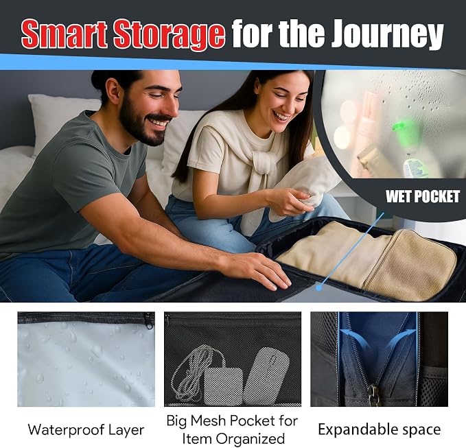Expandable Travel Backpack 45L-55L, Extra Large Carry on Backpack Hiking Camping Rucksack with Waterproof Wet Pocket, Anti-Theft 18.4 Inch Gaming Laptop Bag for Road Trip Outdoor Sports, Black - Image 6