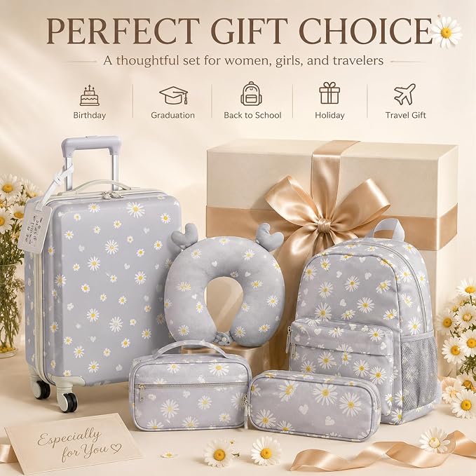 Redbaker 6 Pcs Kids Luggage Set, 17 Inch Rolling Suitcase with Backpack Lunch Bag Neck Pillow, Grey Daisy Travel Set for Summer Vacation Sleepover Back to School Gift - Image 8