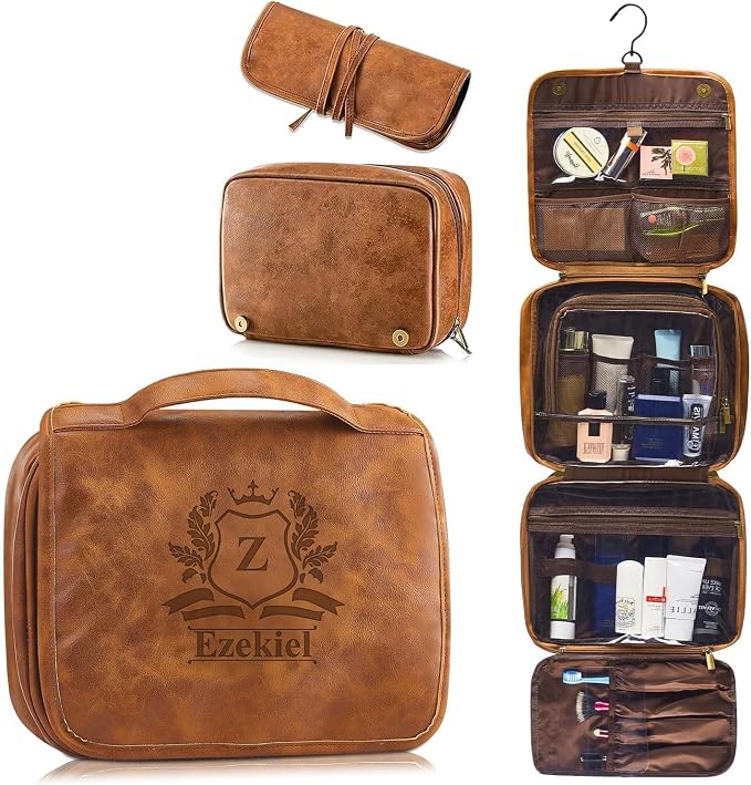 3-in-1 Large Personalized PU Leather Toiletry Bag For Men, Custom Groomsmen Gifts Hanging Travel Organizer Bag, Laser Engraved Name Monogram Shaving Kit Gift For Him Husband by BLEGGEITProfessionalHandmadeStudio