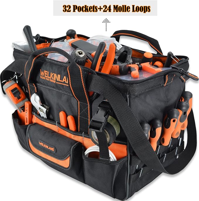 WELKINLAND 16" Tool Bags, 34-Pocket Electrician Tool Bag For Men | Open-Top Technician Tool Bag, Handy Power Tool Bag, Tool Bags for Men Heavy Duty, Electrician Tool Organizer, HVAC Tools Bag - Image 2