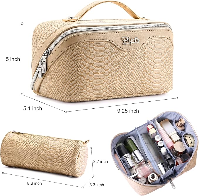 BOYATU Travel Makeup Bags for Women: 3 Pcs Set Wide Open Cosmetic Bag - Portable Make up Bags with Handle - Vegan Leather Toiletry Organizer Bag with Divider (G-04-Beige) - Image 2
