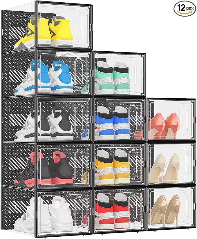 eWonLife X-Large Shoe Boxes with Magnetic Door, 12-Pack Stackable Shoes Storage Organizer for Closet, Clear Plastic Sneaker Container Shoe Rack for Size 12, Black by EnjoyWonderfulLife-eWonLife