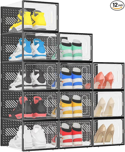 eWonLife X-Large Shoe Boxes with Magnetic Door, 12-Pack Stackable Shoes Storage Organizer for Closet, Clear Plastic Sneaker Container Shoe Rack for Size 12, Black by EnjoyWonderfulLife-eWonLife