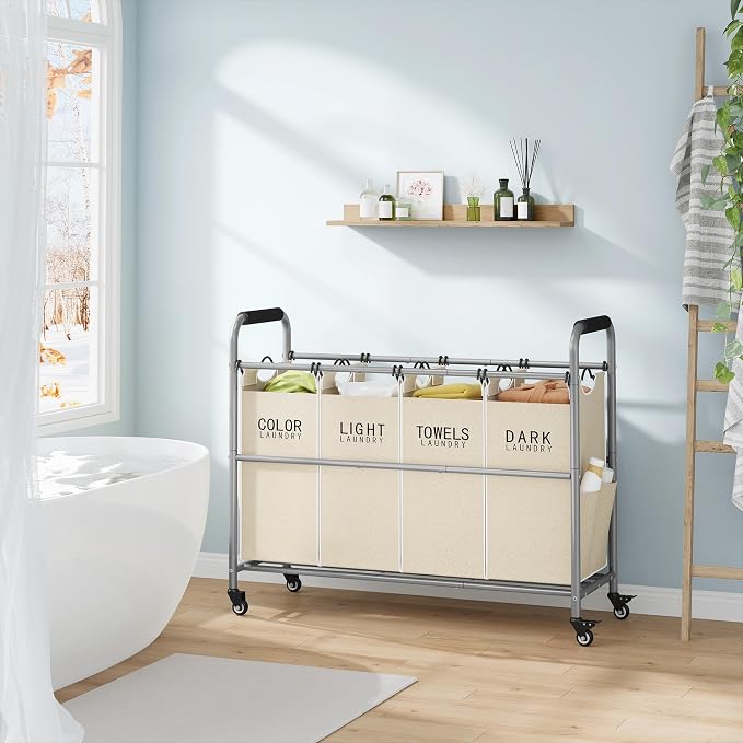 Tajsoon 4 Bag Laundry Sorter Cart, Laundry Sorter 4 Sections, Beige | Laundry Hamper Sorter with Heavy Duty Lockable Wheels, Laundry Separator with Removable Bags, Bedroom, Laundry Room, Bathroom - Image 6