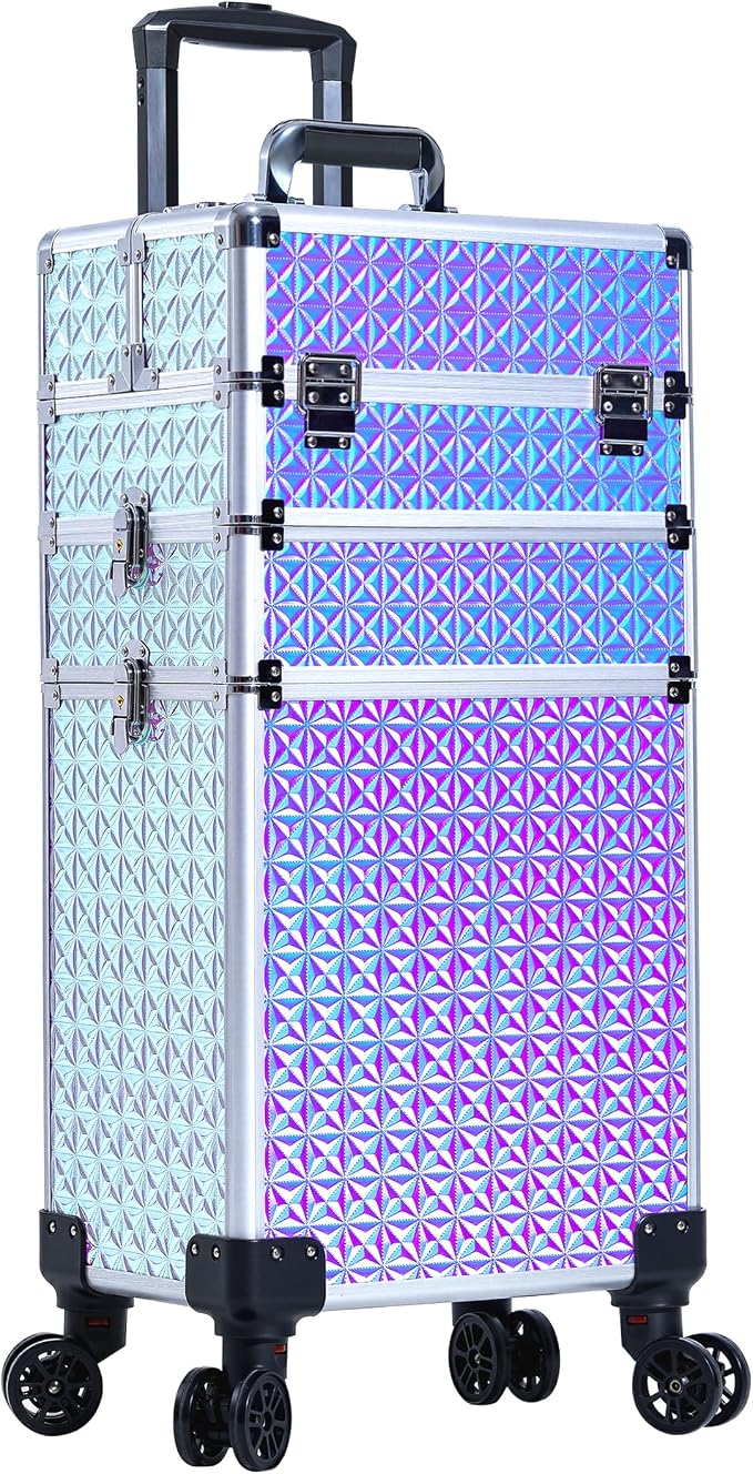 3 in 1 Rolling Makeup Train Case Cosmetology Case on Wheels, Silver | Large Cosmetic Trolley Organizer with Keys Salon Barber Case Traveling Cart Trunk for Artist Hairstylists Nail Tech - Image 7