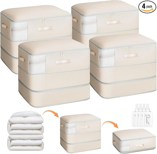 Homsorout 4 Pack Compression Storage Bags - 110L Large Capacity Comforter Storage Bag, 3-Layer Washable Ultra Space Saving Self Compression Organizer Space Bags for Blankets, Sweaters, Sheets, Beige by Homsorout