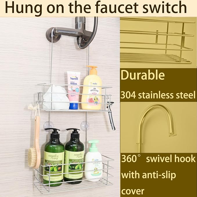 Hanging Shower Rack Shower Caddy with Rotatable Hook bar Over the Door and Can be Hung on the Faucet or Claw Foot, 304 Stainless Steel Rust Proof and Durable (Double-Layer) - Image 4