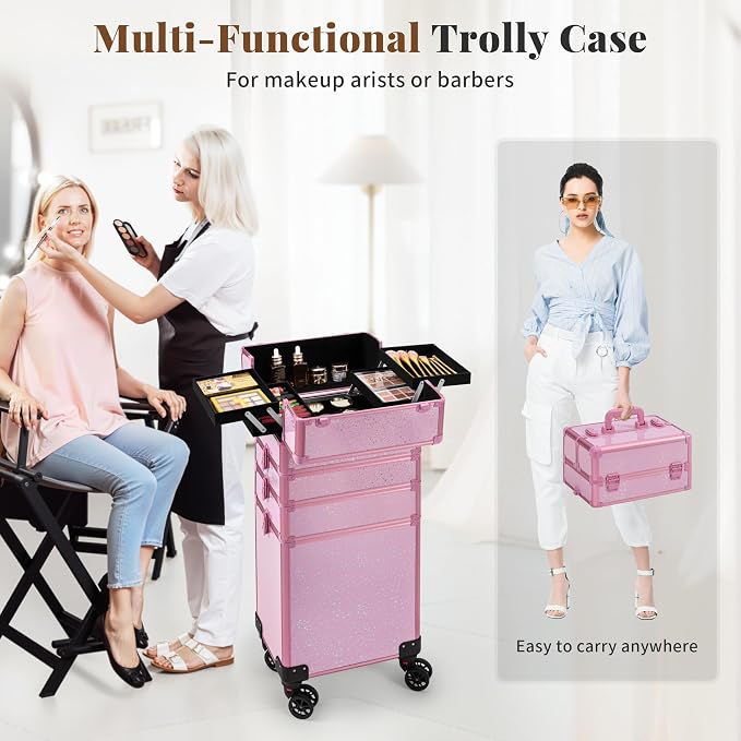 AROUS Rolling Makeup Train Case Large Storage Cosmetic Trolley 5 in 1 Large Capacity Trolley Makeup Travel Case with Key Swivel Wheels Salon Barber Case Traveling Cart Trunk, Pink - Image 7