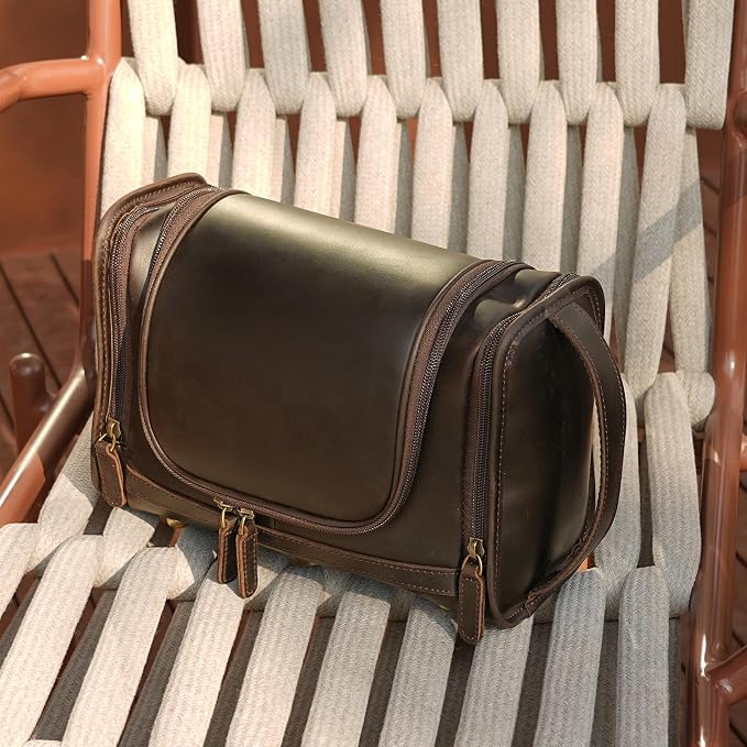 Polare Full Grain Leather Toiletry Bag Travel Dopp Kit Makeup Cosmetic Organizer Shaving Kit Wash Case with Hanging Hook - Image 2