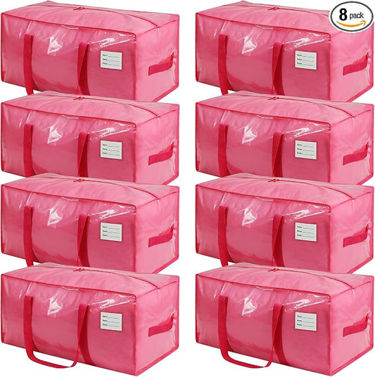 VTSVTS 8 Pack Extra Heavy Duty Large Moving Bags with Comfortable Handle & Strong Zipper,Storage Totes for Space Saving Moving Storage College Supplies Alternative to Moving Box,Pink by VTSVTS