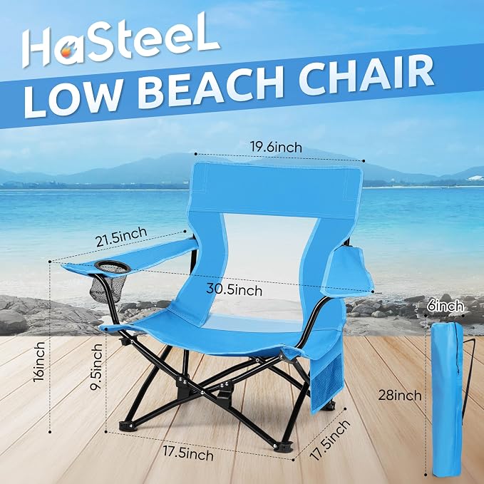 HaSteeL Folding Beach Chair, Foldable Blue Camping Chairs for Outside, Low Beach Chair Portable for Adults Fishing, Picnic, Outdoor BBQ, Travel, Sports, Cup Holder & Storage Bag - Image 2