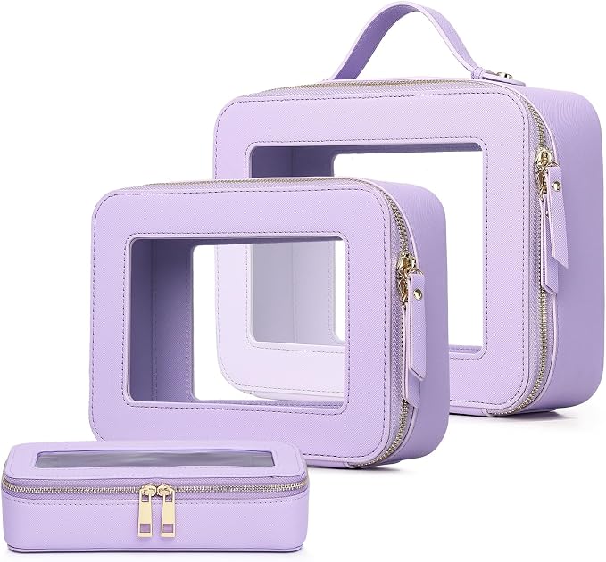 Pinkmik Clear Makeup Bag with Brush Bag 3pcs Waterproof Travel Case for Cosmetics and Toiletries Women's Makeup Organizer with Zipper (X/Purple, L+M+SLIM) by Pinkmik