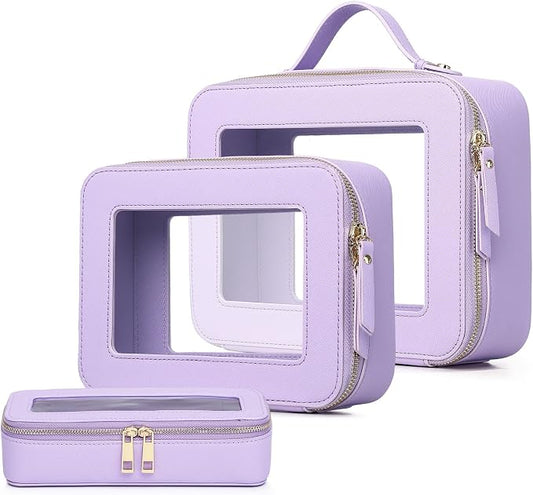 Pinkmik Clear Makeup Bag with Brush Bag 3pcs Waterproof Travel Case for Cosmetics and Toiletries Women's Makeup Organizer with Zipper (X/Purple, L+M+SLIM) by Pinkmik