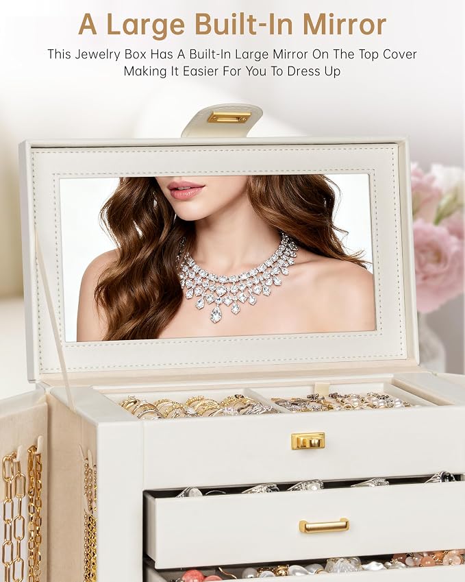 AKOZLIN 6-Tier Jewelry Box Organizer Functional 5 Drawers Leather Jewelry Storage Case for Women Girls Ring Necklace Earring Bracelet Holder Organizer with Mirror XL White 360° Rotating - Image 8
