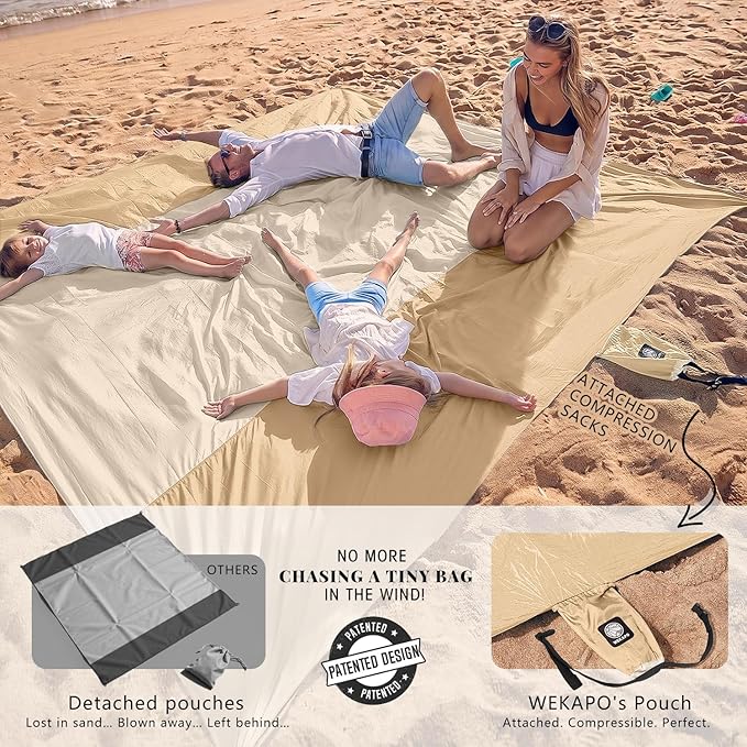 WEKAPO Beach Blanket Sandproof Waterproof, Extra Large Beach Mat, Oversized & Compact Sand Free, Quick Drying Beach Essentials for Vacation, Cruise, Picnic & Camping with Stakes - Image 3