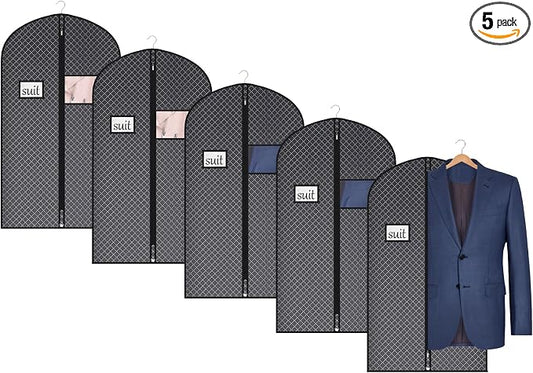 Univivi Suit Bags for Closet Storage and Travel, 40 Inch, 5 Pack, Black | Non-woven fabric, Breathable Suit Cover, Dustproof Hanging Storage Bag, Clear Window and ID Card Holder for Closet Storage by Univivi