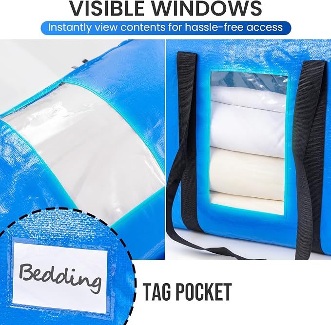 TAILI 2 Tier Extra Large Moving Bags, 4 Pack Blue Heavy Duty Totes For Storage with Visible Window, Wrap Around Handles, Storage Bags for Space Saving, Alternative to Moving Boxes - Image 7