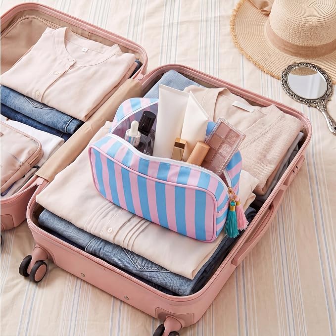 Kacctyen 6 Pack Peony Pink and Slate Blue Striped Makeup Bag bulk with Tassel Travel Cosmetic Pouch Organizer Large Zipper Toiletry Case for Women Aesthetic Storage Pouch Mahjong Tile Bag - Image 7