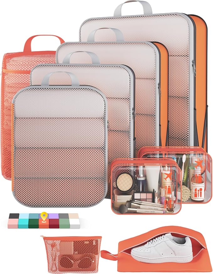 Veken 9/11 Set Compression Packing Cubes for Travel Essentials,Compressible Expandable Luggage Suitcase Organizer Bags with Garment Bag,Space Saver Bags with Over 1000 pcs of Mesh Holes(Orange) by Veken