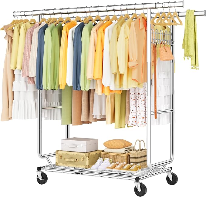 Hoctieon 2-Minute Assembly Double Rod Clothes Rack, Heavy Duty Rolling Clothing Racks with Wheels, Foldable Commercial Garment Rack, Extendable Hanging Bar, Adjustable Metal Pole with Hooks, Chrome by Hoctieon