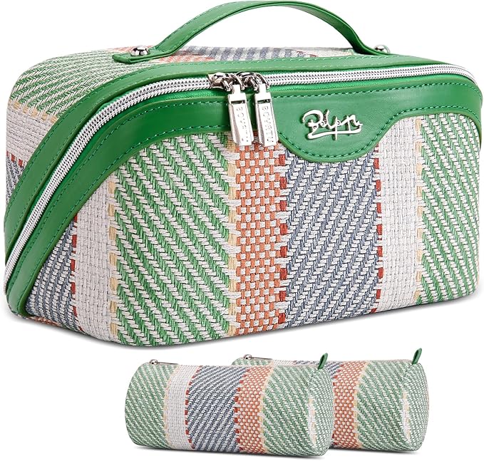 BOYATU Travel Makeup Bag Cosmetic Bag for Women: 3 Pcs Set Make up Bag with Compartments - Waterproof Vegan Leather Toiletry Bags with Handle - Makeup Organizer for Travel Essentials(C-2-Green) by BOYATU