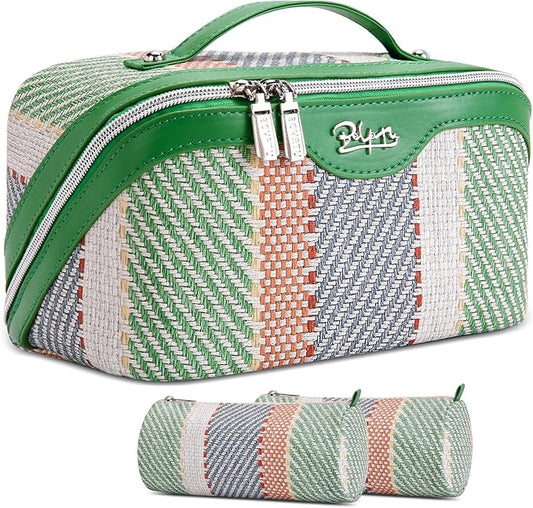 BOYATU Travel Makeup Bag Cosmetic Bag for Women: 3 Pcs Set Make up Bag with Compartments - Waterproof Vegan Leather Toiletry Bags with Handle - Makeup Organizer for Travel Essentials(C-2-Green) by BOYATU