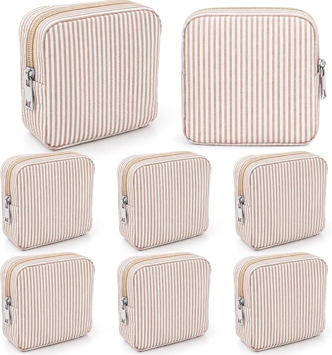 Giesiery 8 Pcs Seersucker Makeup Bags Striped Cosmetic Bags Bulk Organizer for Women Preppy Travel Toiletry Pouch for Wedding Bridesmaid Gifts (Khaki, Mini) by Giesiery