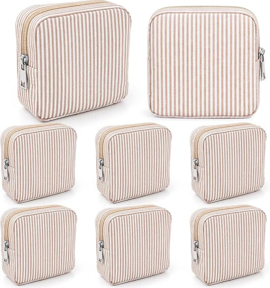 Giesiery 8 Pcs Seersucker Makeup Bags Striped Cosmetic Bags Bulk Organizer for Women Preppy Travel Toiletry Pouch for Wedding Bridesmaid Gifts (Khaki, Mini) by Giesiery
