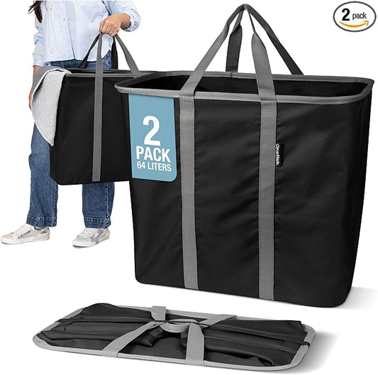 CleverMade Collapsible Laundry Caddy, 64L, 2 Pack, Black Gray | A reinforced rim and base keep it upright for loading. Comfortable handles move up to 2 full loads, then it folds flat. by CleverMade
