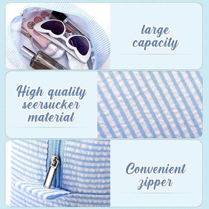 Sanwuta 9 Seersucker Cosmetic Bag Bulk Striped Makeup Bag for Women Aesthetic Cute Travel Toiletry Organizer Preppy Storage Pouch for Wedding Bridesmaid Mother's Day Teacher Gift (Large,Blue) - Image 3