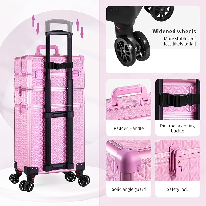 3 in 1 Rolling Makeup Train Case Cosmetology Case on Wheels, Pink | Large Cosmetic Trolley Organizer with Keys Salon Barber Case Traveling Cart Trunk for Artist Hairstylists Nail Tech - Image 5