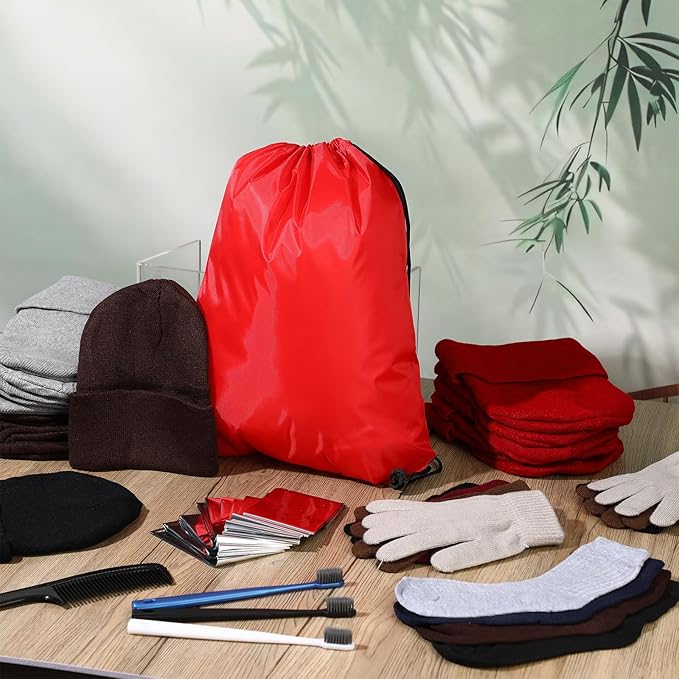 Coume 192 Pcs Christmas Homeless Care Package Supplies Winter Beanies Gloves Neck Warmer Sock Emergency Thermal Blankets Drawstring Bags Toothbrushes and Combs for Men Women Outdoors Winter Homeless