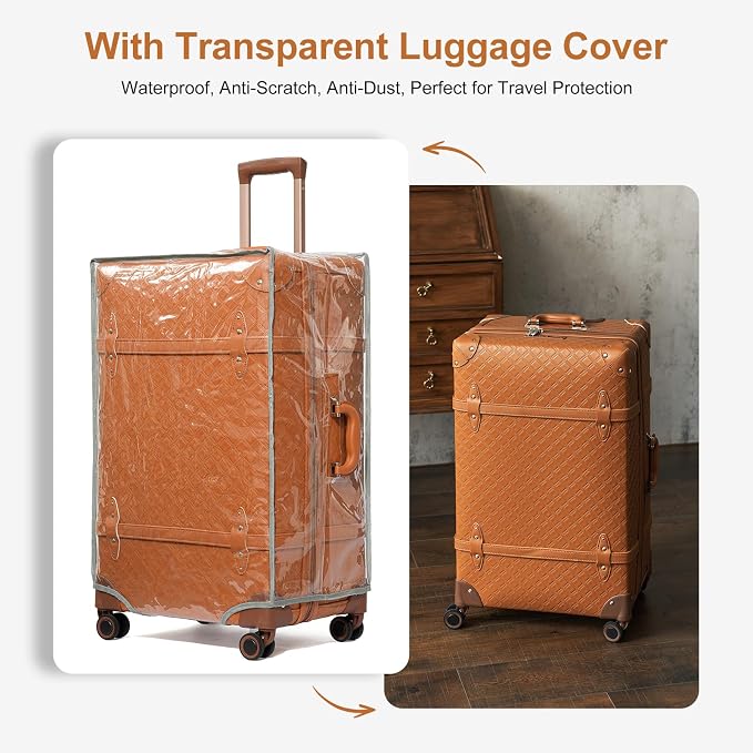 NZBZ Women Vintage Luggage Set 3 Piece, Cute Retro Suitcase with Spinner Wheels and TSA Lock, Faux Leather Carry On and Checked Bag for Travel, 20" 24" 28" (Cognac Brown) - Image 9