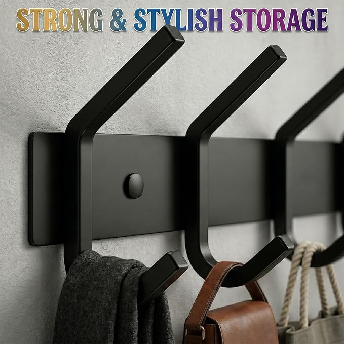 Coat Rack Wall Mount – 17 Inch Stainless Steel Hook Rail with 6 Double Coat Hooks for Hanging – Wall Mounted Entryway Organizer for Coats, Hats, Bags, Towels, Robes, Closet or Bathroom - Black 2 Pack - Image 4