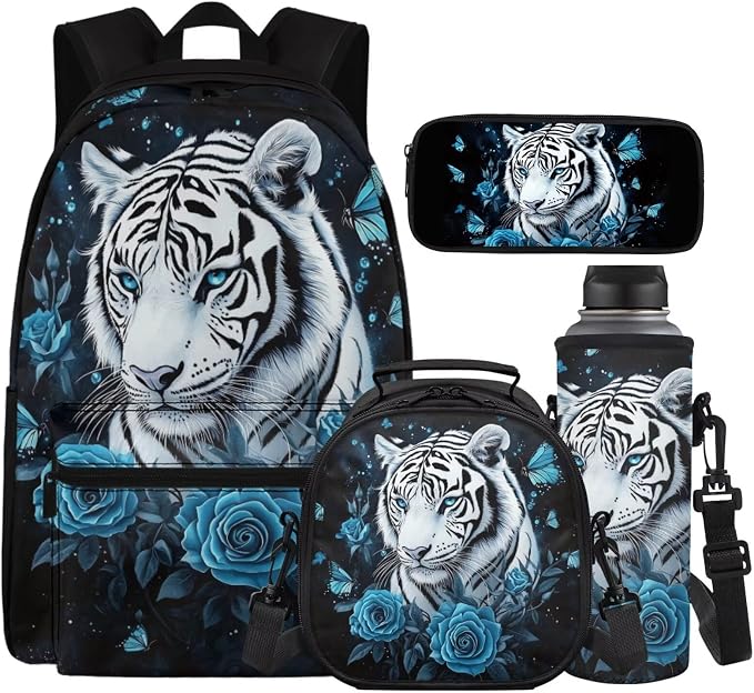 4Pcs White Tiger Backpacks for School Girls Backpack and Lunch Box Set, Blue Rose Kids School Bag with Lunch Box Pencil Case Water Bottle Holder for Elementary Kindergarten Preschool by Unknown