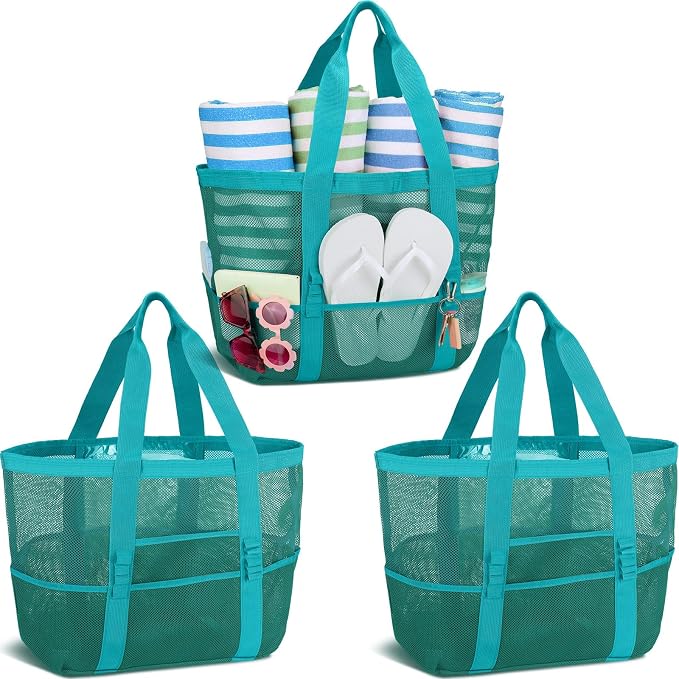 Hillban Large Beach Mesh Bags Bulk for Women Beach Tote Bag with 8 Pocket Zipper Waterproof Sandproof for Pool Cruise Ship by Hillban