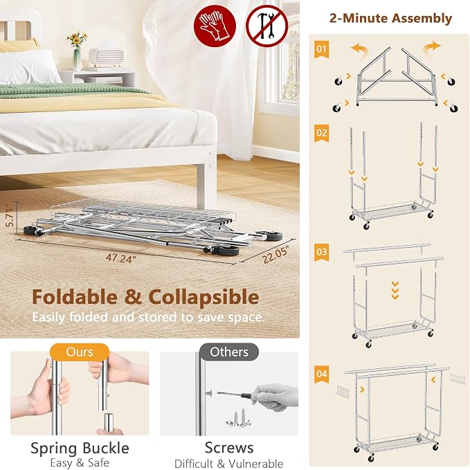 Hoctieon 2-Minute Assembly Double Rod Clothes Rack, Heavy Duty Rolling Clothing Racks with Wheels, Foldable Commercial Garment Rack, Extendable Hanging Bar, Adjustable Metal Pole with Hooks, Chrome - Image 2