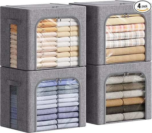 Lifewit Clothes Storage Bins with Metal Frame, Stackable Storage Box, Foldable Clothing Storage Bins with Lids, 40L Storage Bags Fabric Box Organizer with Clear Window＆ Zippers＆ Sturdy Handles 4 Pack by Lifewit