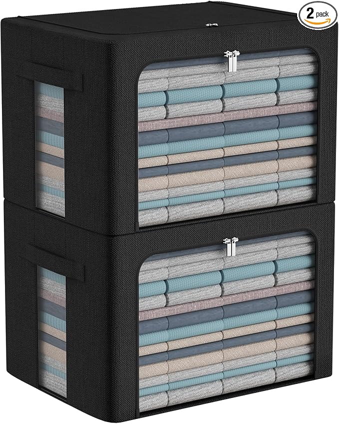 CYhom Extra Large Clothes Storage Bins Box - Linen Fabric Foldable Stackable Container Organizer Set with Clear Window & Carry Handles & Metal Frame (Black, Extra Large-100L) by CYhom